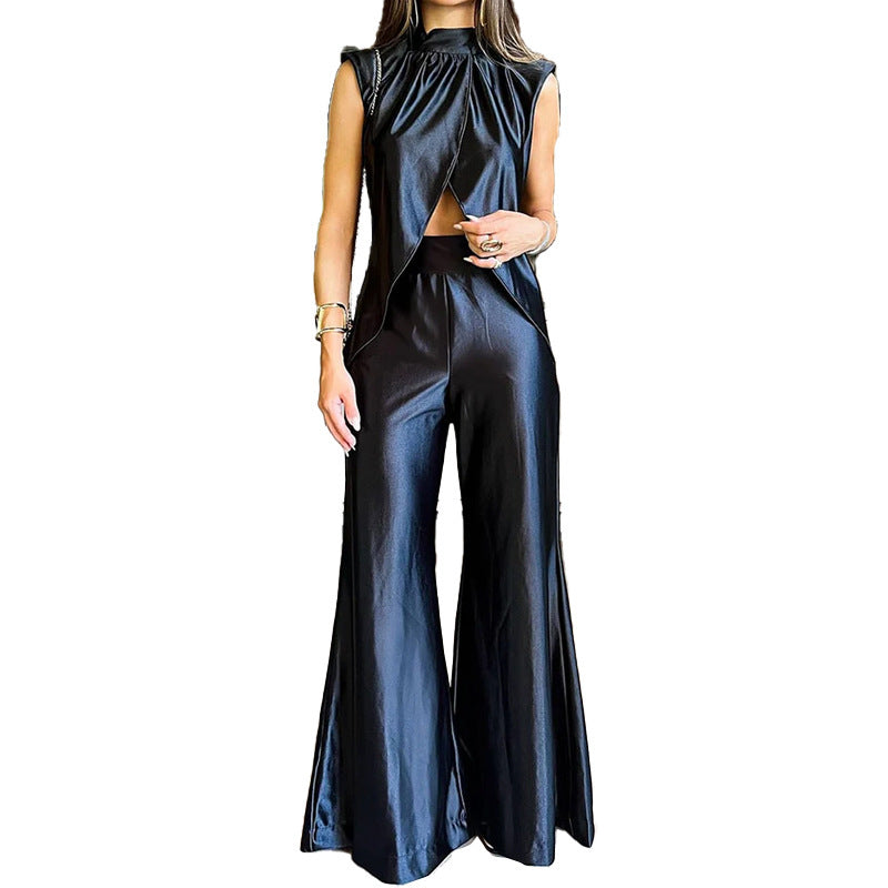 2023 Women's Fashion Set: Solid Color Top & Flare Pants