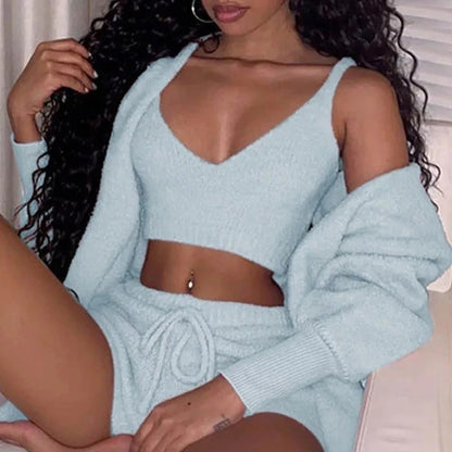 3pcs Womens Clothing Long Sleeve Crop Tank Top And Drawstring Shorts Pajama Set - Modernrush.us