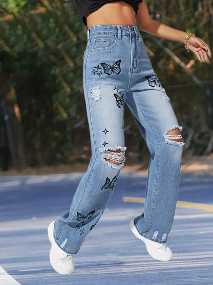 Butterfly Print Distressed Blue Wide Leg High Rise Jeans - Modernrush.us