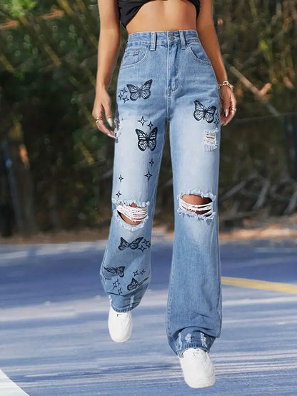 Butterfly Print Distressed Blue Wide Leg High Rise Jeans - Modernrush.us