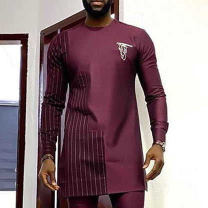 Deep Red African Ethnic Style Robe Shirt and Pants Set