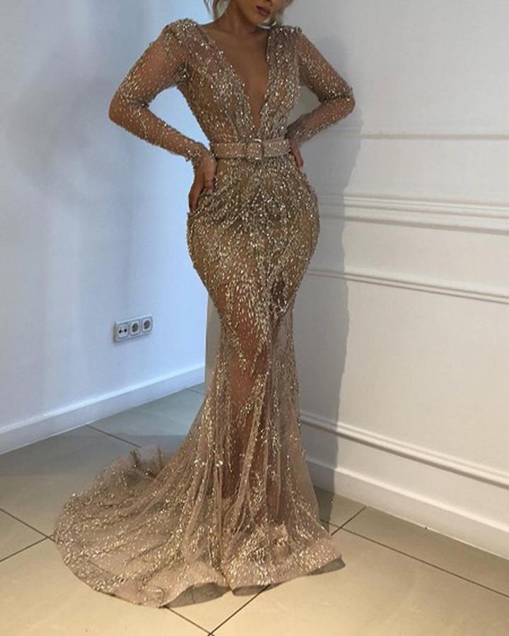 2020 New Women's Sequin Long Sleeve Party Dress