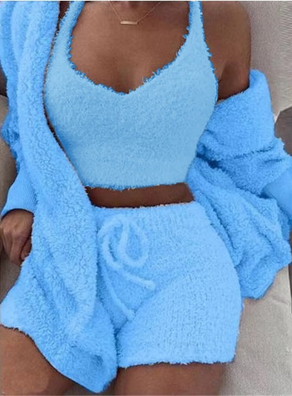 3pcs Womens Clothing Long Sleeve Crop Tank Top And Drawstring Shorts Pajama Set - Modernrush.us