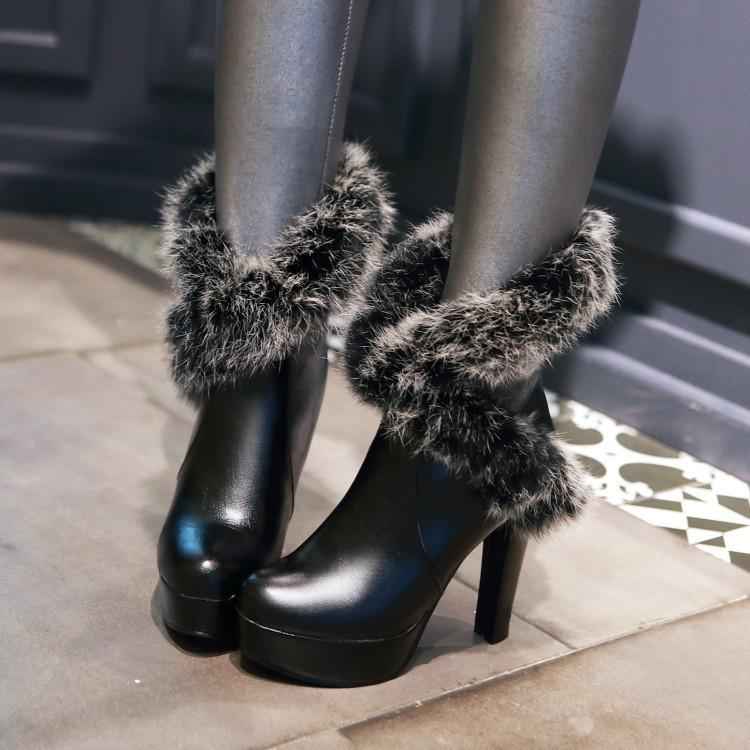 Faux Fur White Thick-Heeled Snow Boots (Mid-Calf)