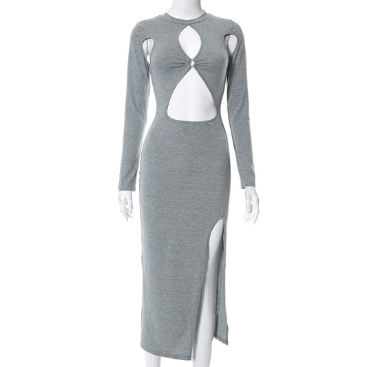 Women's Solid Color Long Sleeve Hollow Dress