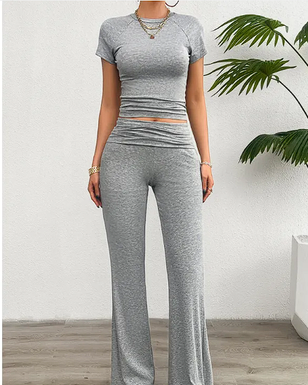 Solid Color Slim Fit Short Sleeve Trousers Suit
