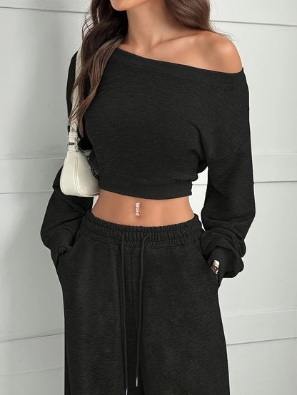 Casual 2-piece Set One-shoulder Long-sleeved Sweatshirt Women's Suit Autumn New Fashion Elastic Waist Tie Loose Sports Trousers - Modernrush.us