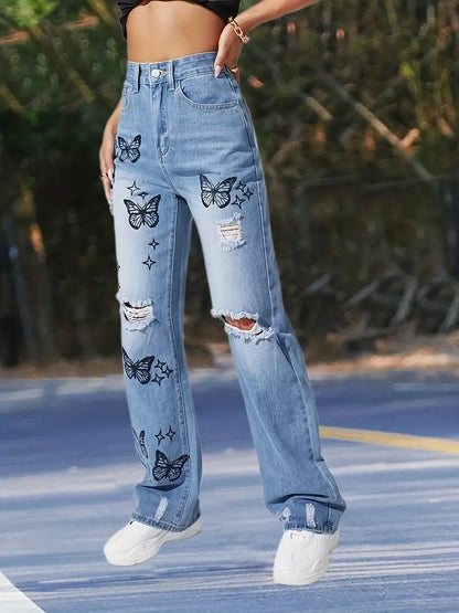 Butterfly Print Distressed Blue Wide Leg High Rise Jeans - Modernrush.us