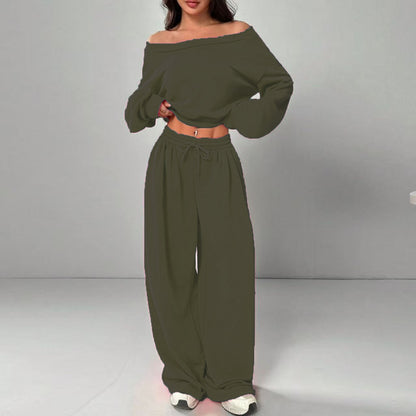 Casual 2-piece Set One-shoulder Long-sleeved Sweatshirt Women's Suit Autumn New Fashion Elastic Waist Tie Loose Sports Trousers - Modernrush.us