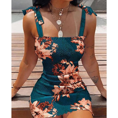Floral Tight Camisole Dress For Women Spring Summer Beach Female Clothing Sexy Club Mini Skirt Vestidos Casual Short Dress - Modernrush.us