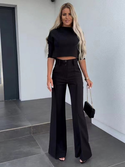 2023 Women's Solid Color Commuter Top & Wide Leg Pants Set - Modernrush.us