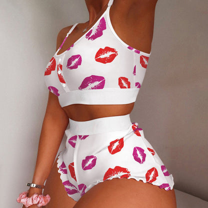 Heart Love Print Plus Size Summer Pajama Set for Women - Modernrush.us