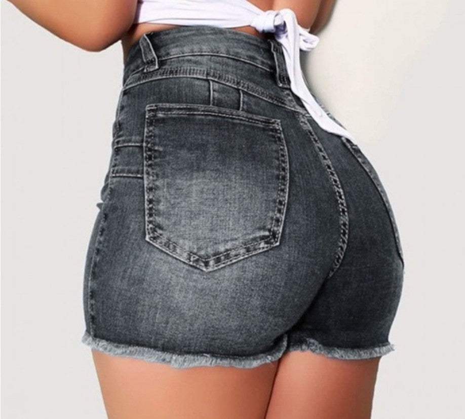 Elastic Slim Fit Ripped Fringe Denim Shorts for Women - Modernrush.us