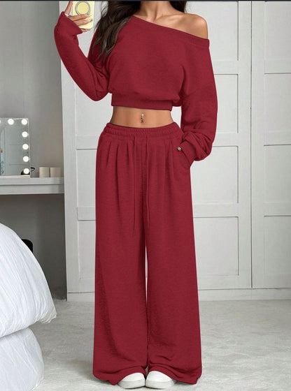 Casual 2-piece Set One-shoulder Long-sleeved Sweatshirt Women's Suit Autumn New Fashion Elastic Waist Tie Loose Sports Trousers - Modernrush.us