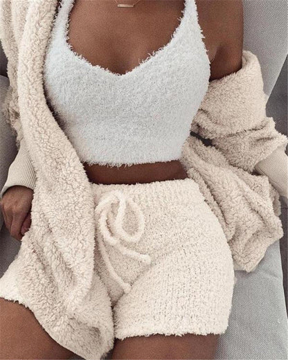 3pcs Womens Clothing Long Sleeve Crop Tank Top And Drawstring Shorts Pajama Set - Modernrush.us