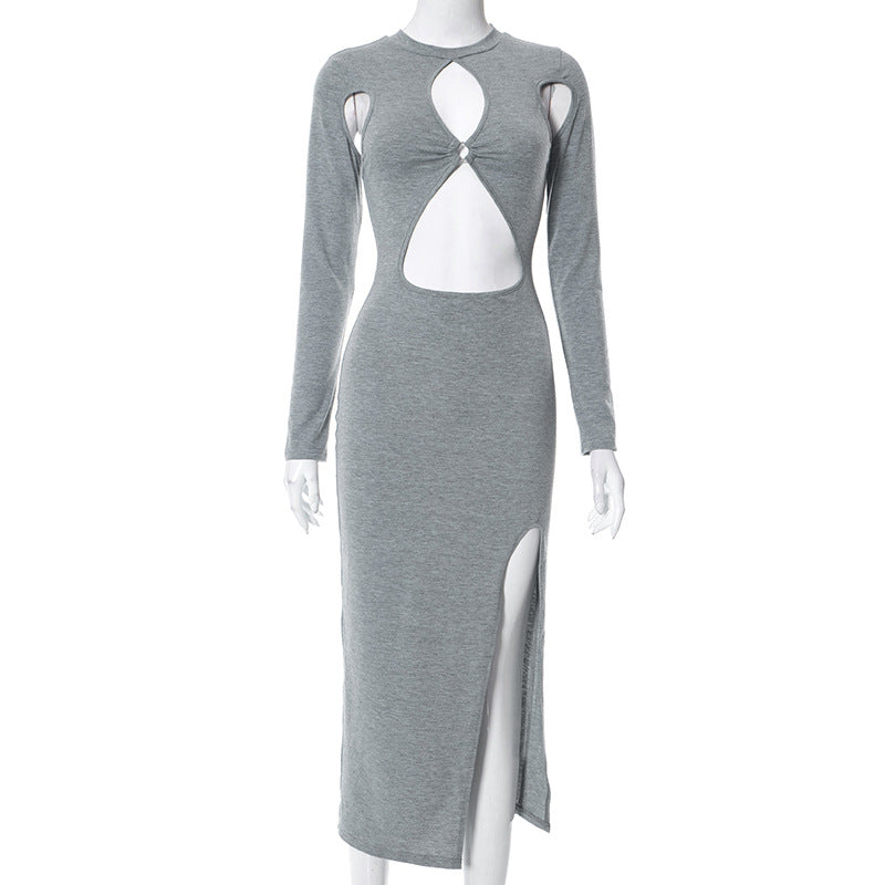 Women's Solid Color Long Sleeve Hollow Dress