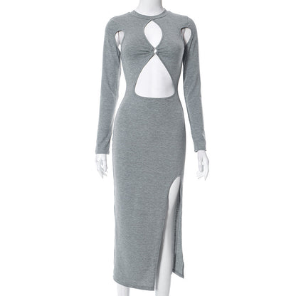 Women's Solid Color Long Sleeve Hollow Dress - Modernrush.us