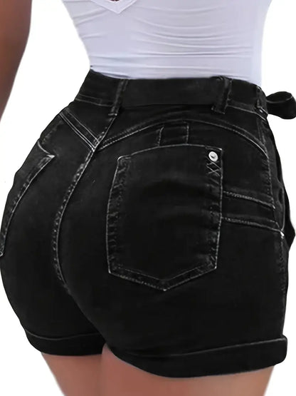Belted Waist Tie Front Bow Knot Slim Fit Denim Shorts - Modernrush.us