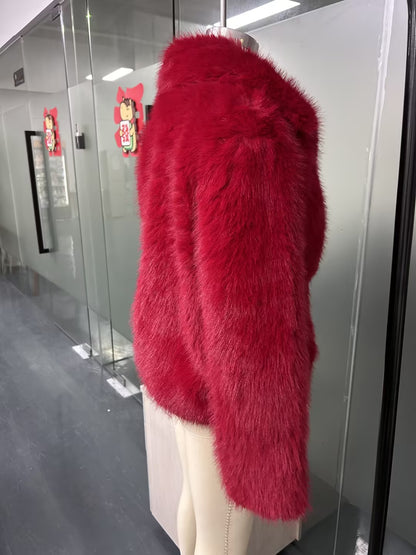 Women Vintage Bright Red Faux Fur Jacket, Loose Wide Collar Cropped Furry Outerwear - Modernrush.us