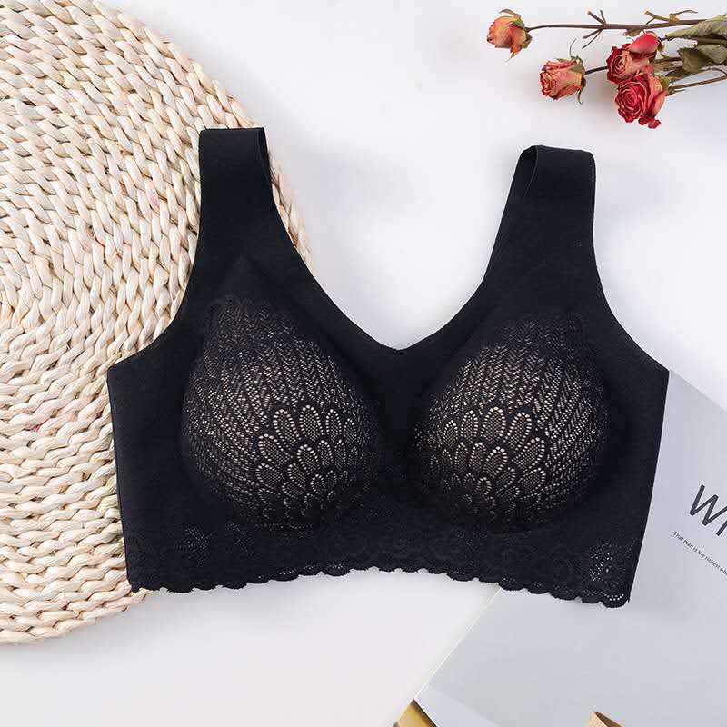 Plus Size Elegant Bra with Feather Embroidery & Lace Trim