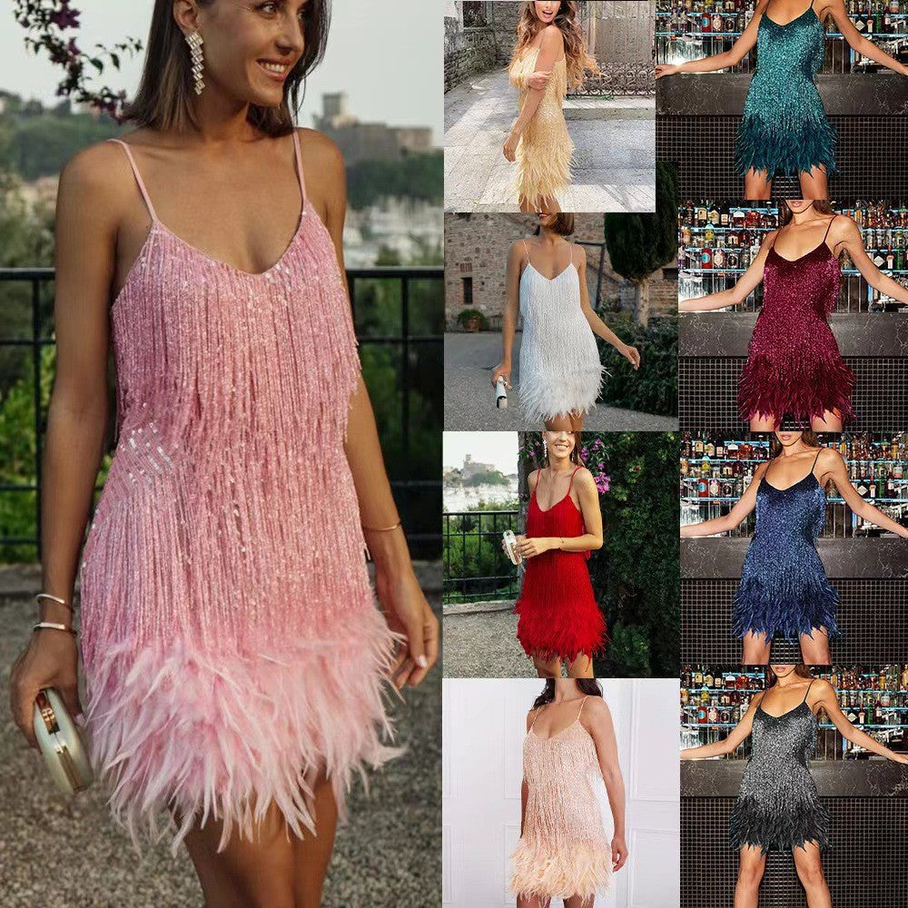 Abito mini estivo da donna sexy con nappine, paillettes e piume, scollo a V, spalline sottili e cuciture; abito da sera elegante da donna per feste e discoteche
