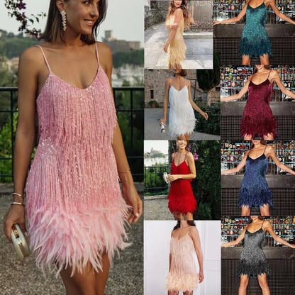 Abito mini estivo da donna sexy con nappine, paillettes e piume, scollo a V, spalline sottili e cuciture; abito da sera elegante da donna per feste e discoteche