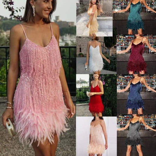 Abito mini estivo da donna sexy con nappine, paillettes e piume, scollo a V, spalline sottili e cuciture; abito da sera elegante da donna per feste e discoteche