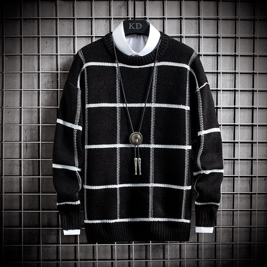 Men's Thick Knit Sweater - Casual Long Sleeve Plaid
