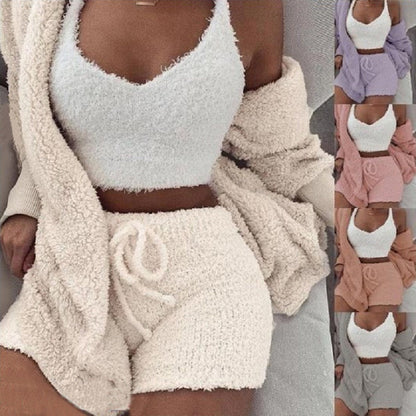 3pcs Womens Clothing Long Sleeve Crop Tank Top And Drawstring Shorts Pajama Set - Modernrush.us