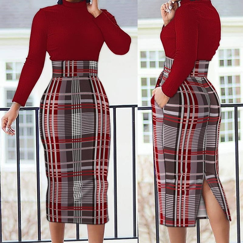 Long Sleeve High Neck Sheath Dress with Split Waist