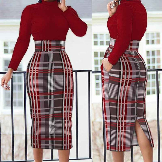 Long Sleeve High Neck Sheath Dress with Split Waist