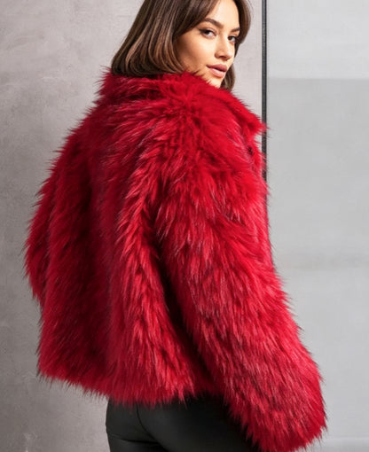 Women Vintage Bright Red Faux Fur Jacket, Loose Wide Collar Cropped Furry Outerwear - Modernrush.us