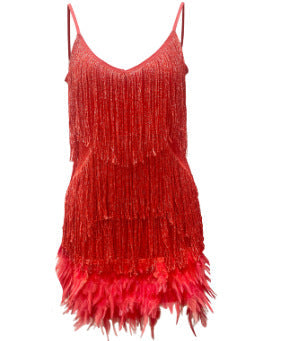 Abito mini estivo da donna sexy con nappine, paillettes e piume, scollo a V, spalline sottili e cuciture; abito da sera elegante da donna per feste e discoteche