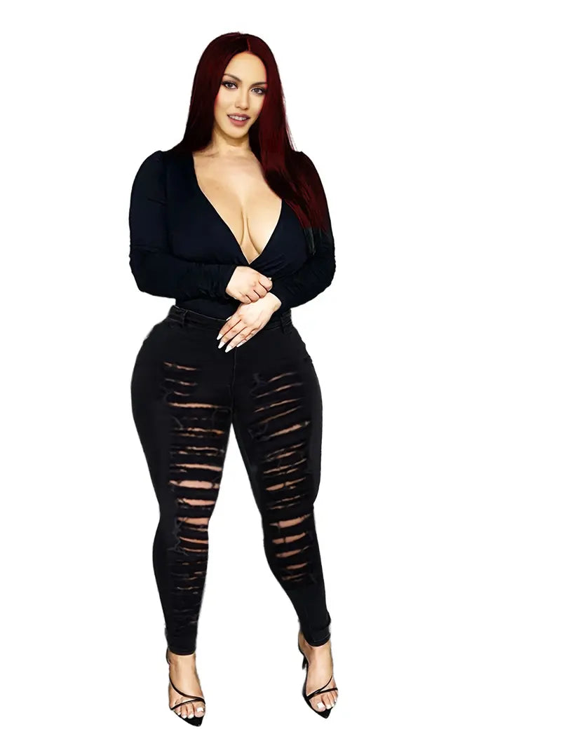 Curvy Skinny High Waist Destroyed Black Denim Jeans