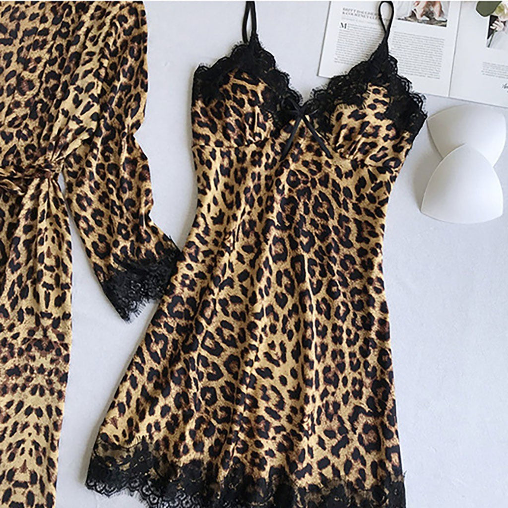 Leopard Print Satin Pajama Set for Women Loungewear