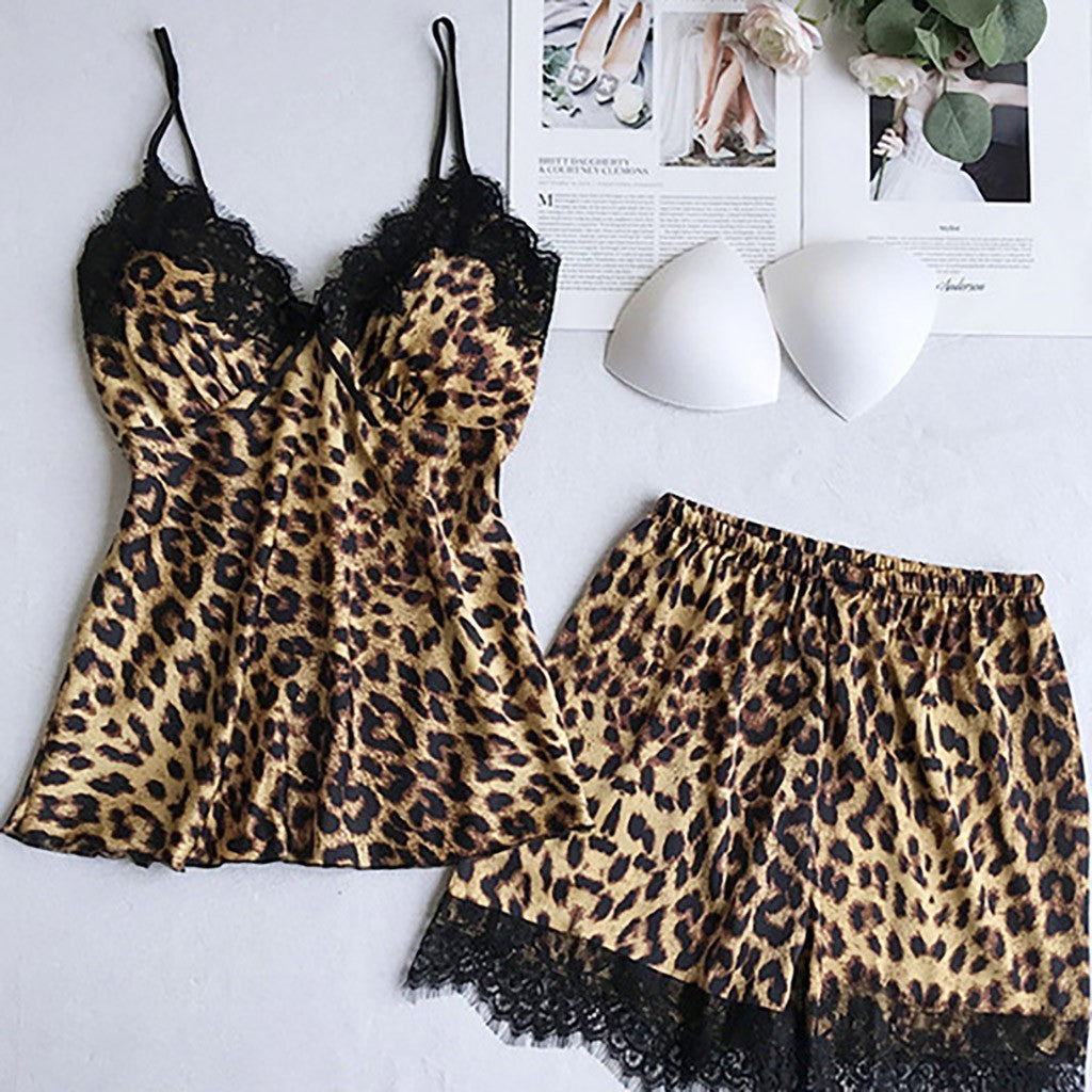 Leopard Print Satin Pajama Set for Women Loungewear