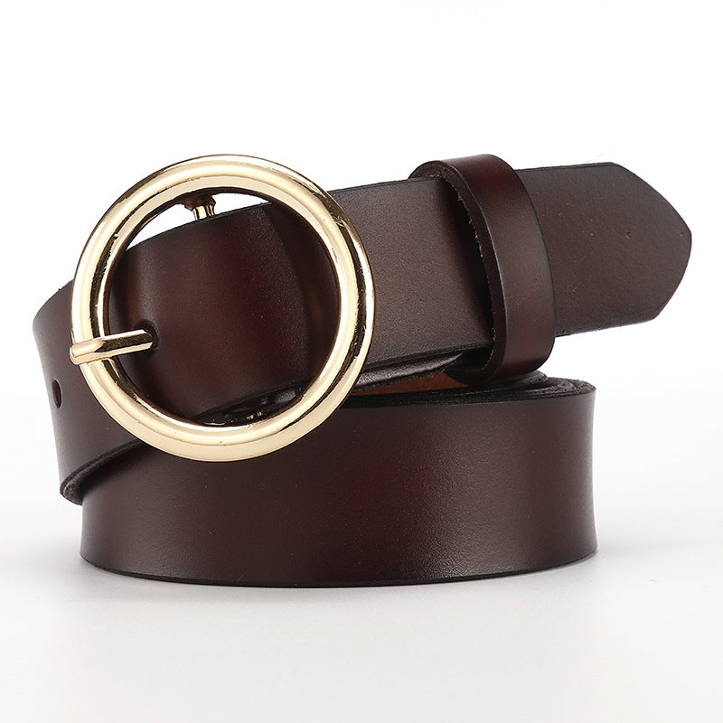 Women's Wide Leather Belt with Round Buckle for Jeans