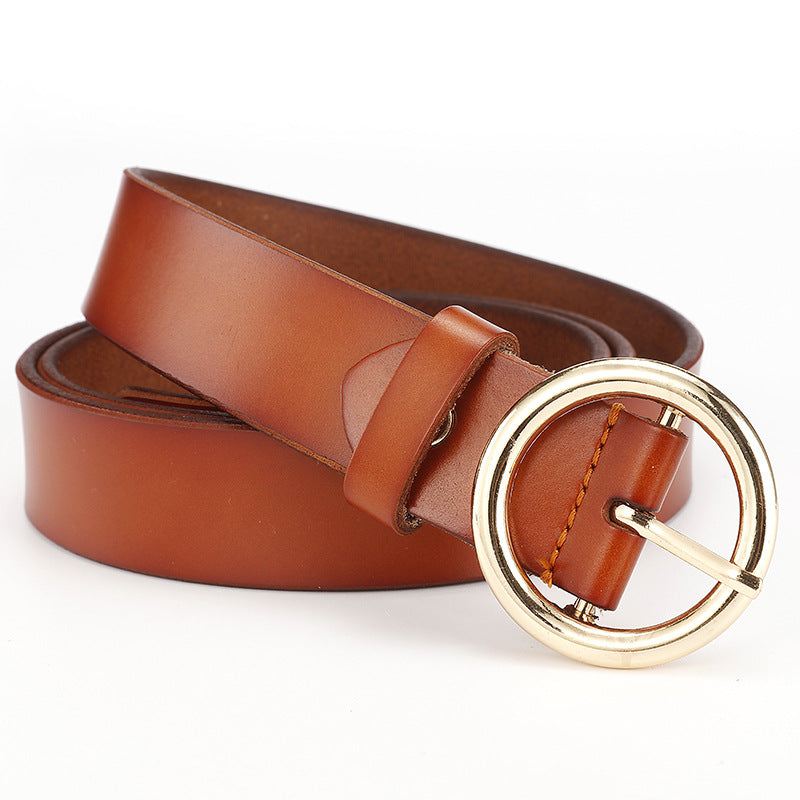 Women's Wide Leather Belt with Round Buckle for Jeans