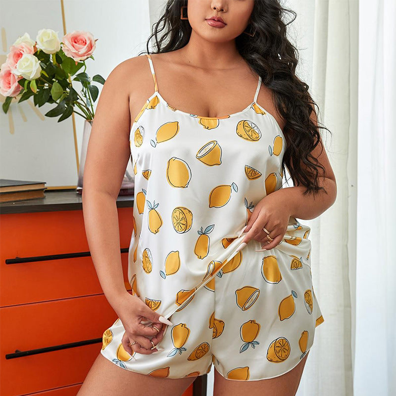 Plus Size Satin Fruit Print Cami Top and Shorts Set