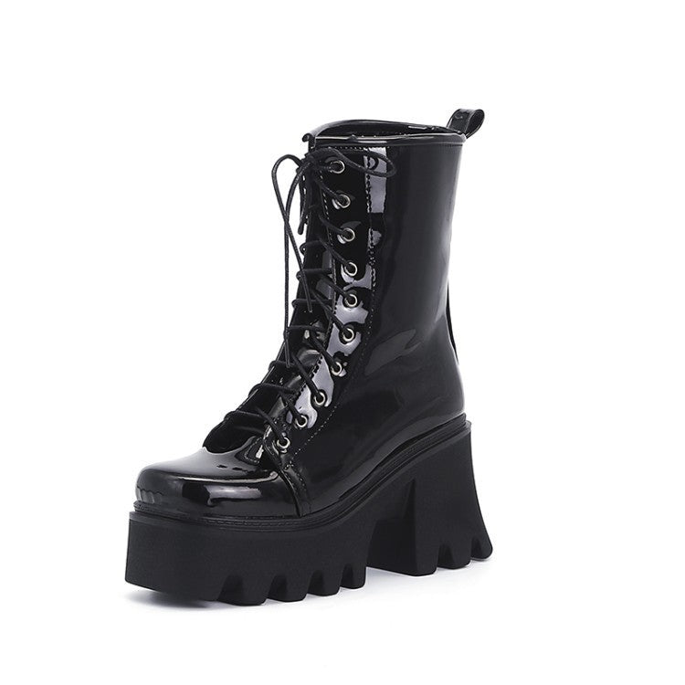Patent Leather Square Toe Lace-up Shoes - Euro/American Style