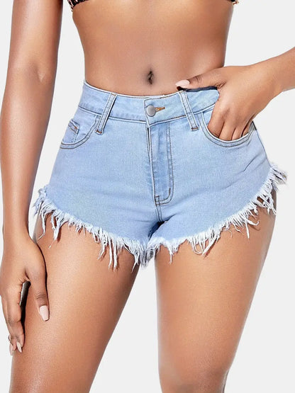 Women's Blue Distressed Denim Shorts with Pockets - Modernrush.us