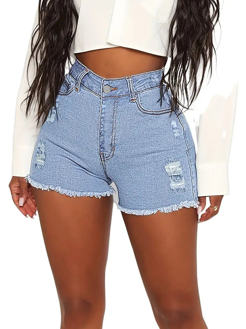 Women's High Waist Denim Shorts with Ripped Pockets