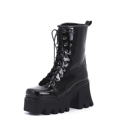 Patent Leather Square Toe Lace-up Shoes - Euro/American Style