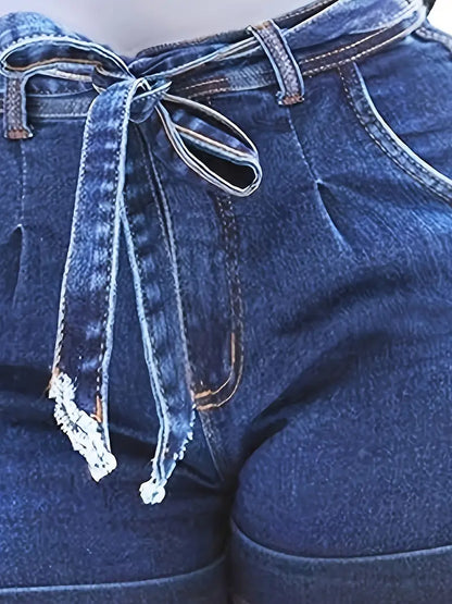 Belted Waist Tie Front Bow Knot Slim Fit Denim Shorts - Modernrush.us