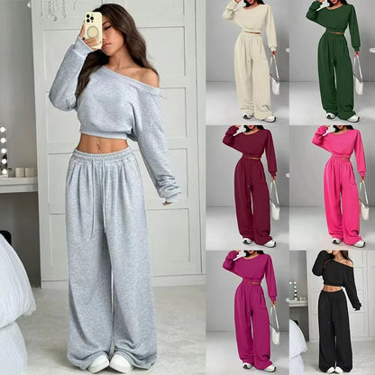 Casual 2-piece Set One-shoulder Long-sleeved Sweatshirt Women's Suit Autumn New Fashion Elastic Waist Tie Loose Sports Trousers - Modernrush.us