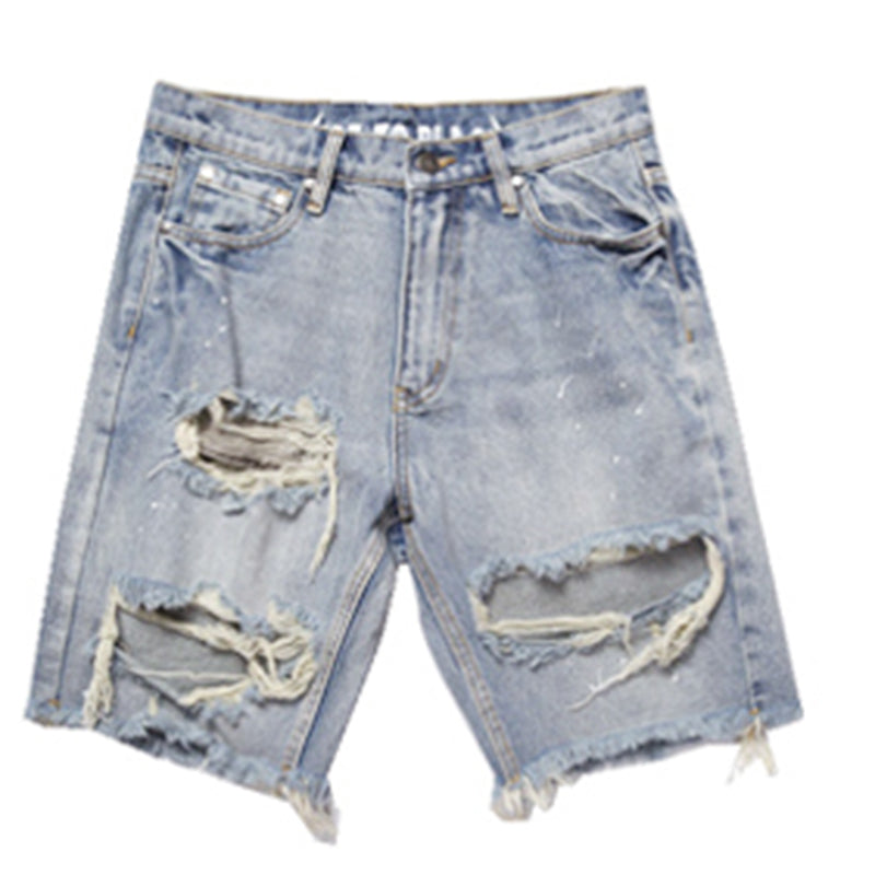 Men's Ripped Denim Shorts with Washed Effect