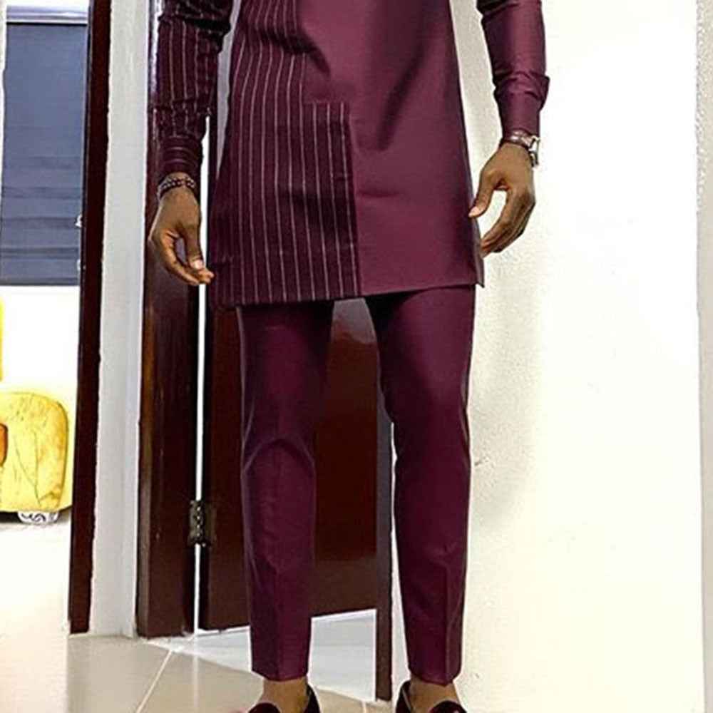 Deep Red African Ethnic Style Robe Shirt and Pants Set
