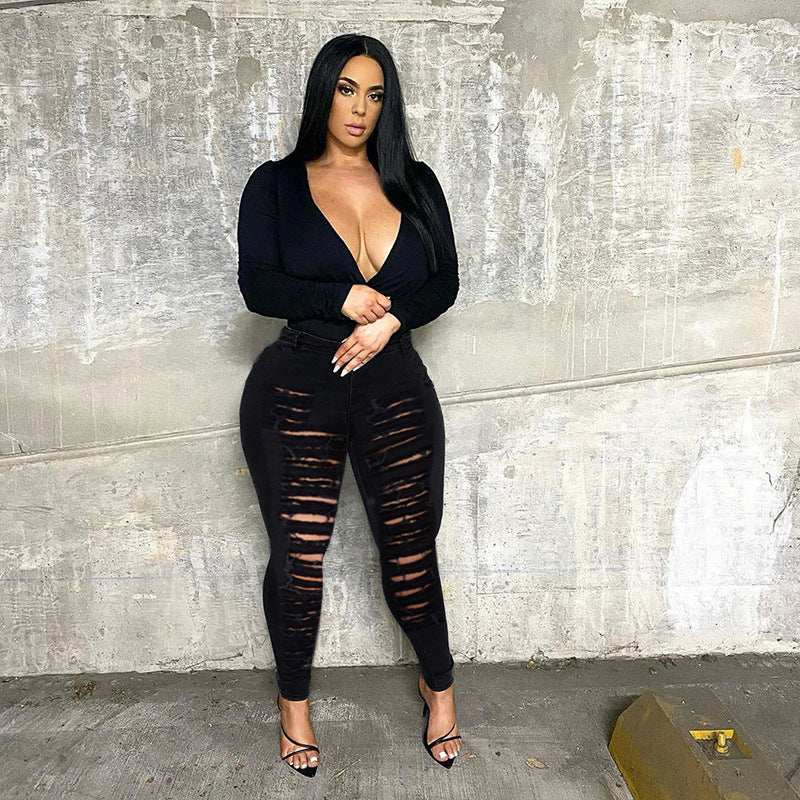 Curvy Skinny High Waist Destroyed Black Denim Jeans