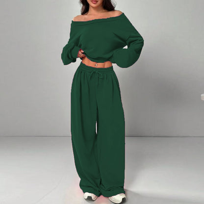 Casual 2-piece Set One-shoulder Long-sleeved Sweatshirt Women's Suit Autumn New Fashion Elastic Waist Tie Loose Sports Trousers - Modernrush.us