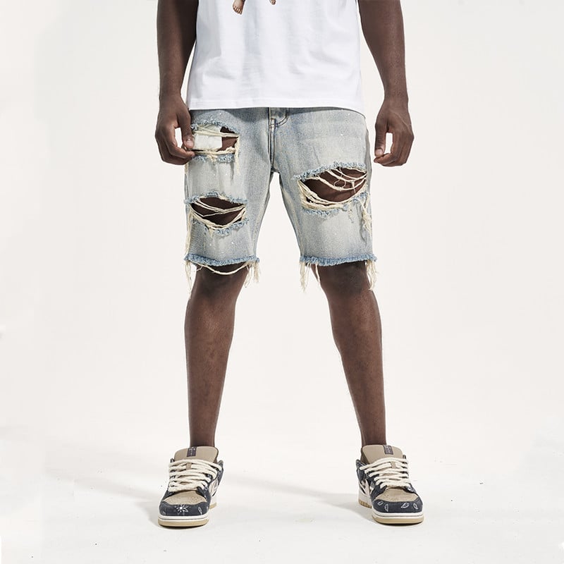 Men's Ripped Denim Shorts with Washed Effect